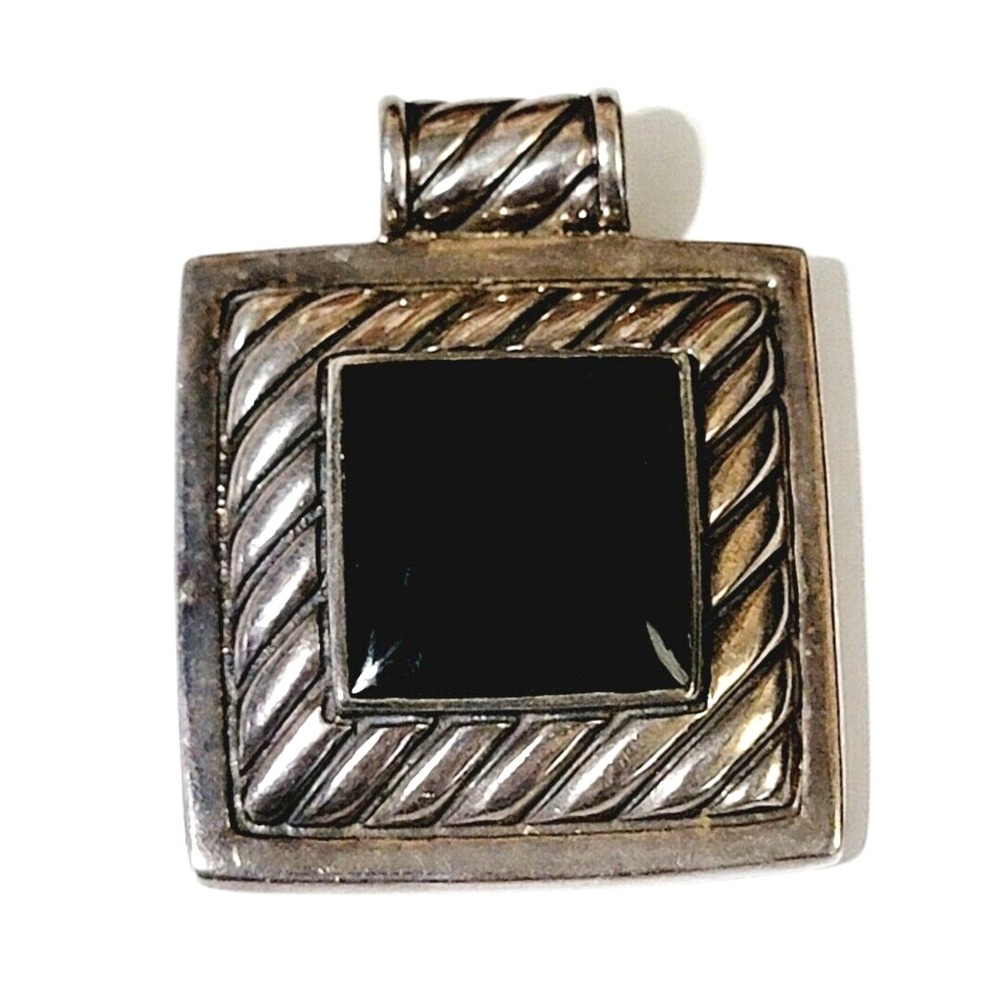 Vintage 925 Sterling Silver & Black Stone Focal Pendant, Textured Large Square